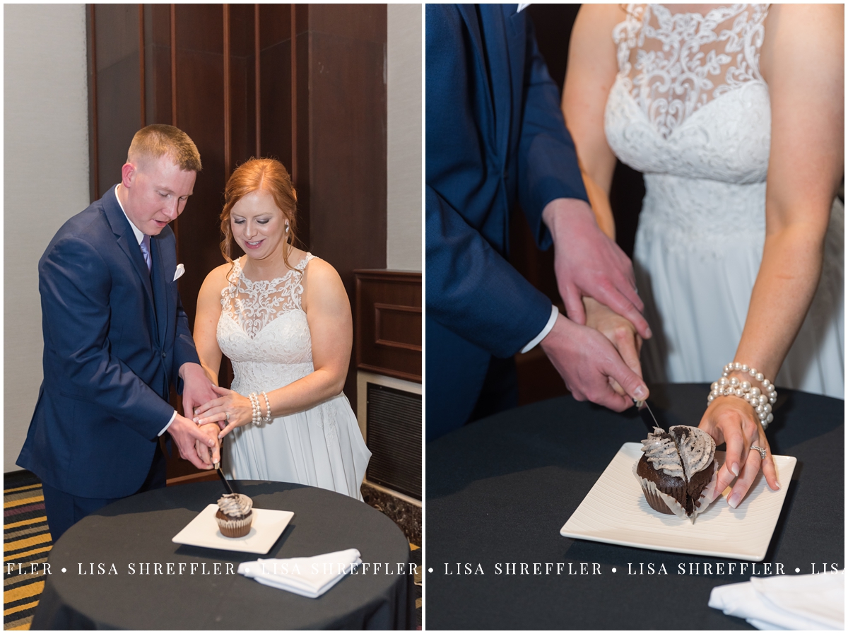 crowne plaza wedding reception in ballroom cake cutting